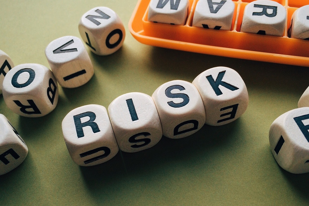 dice with letter shaped as the word "risk"