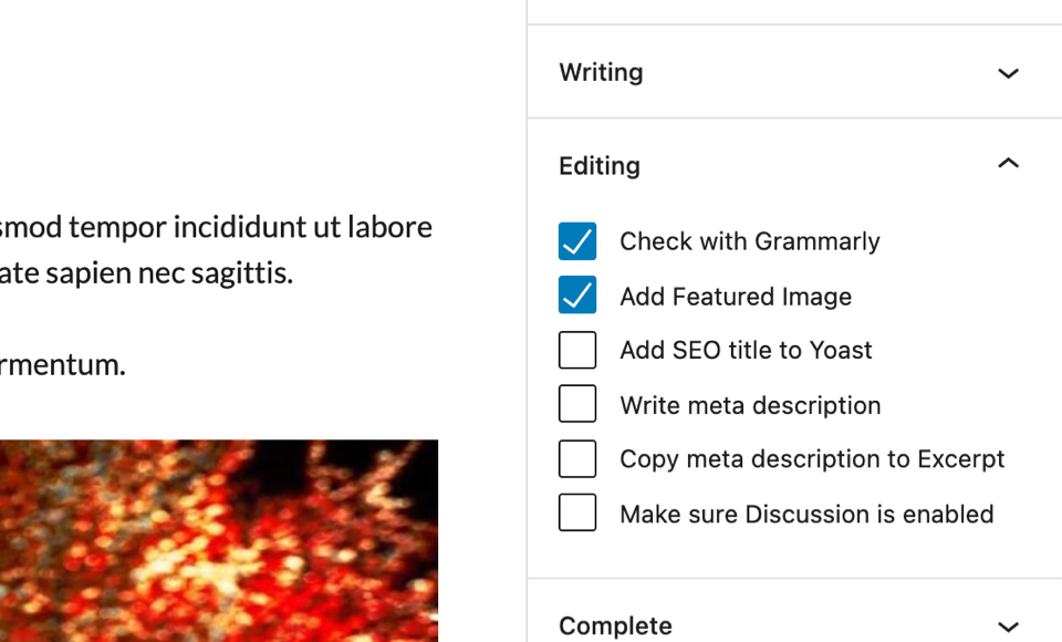 Post checklist in the editor sidebar