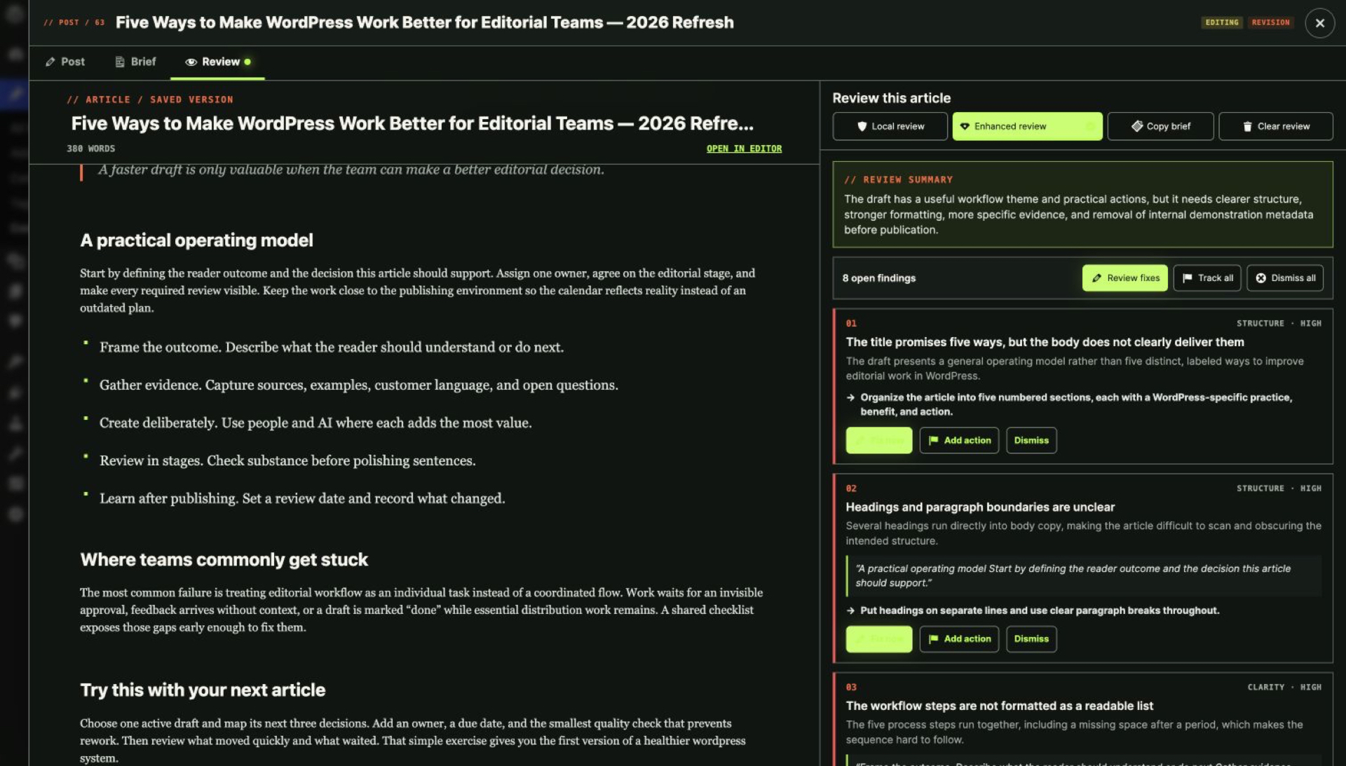 Strive review workspace with the saved article on the left and evidence-linked findings on the right
