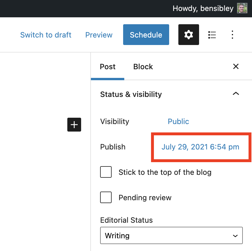 Date link in post editor
