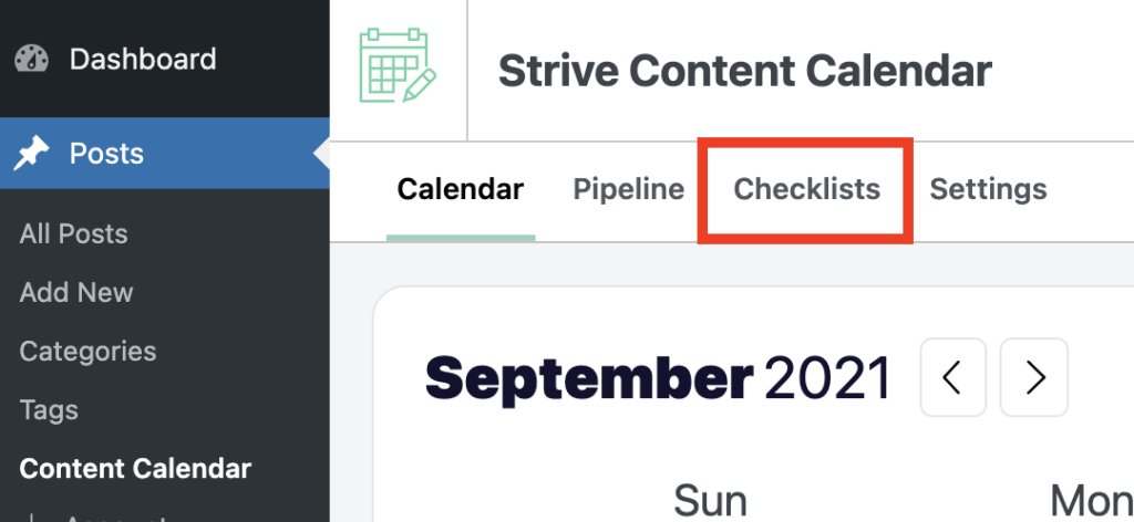 Checklists menu tab