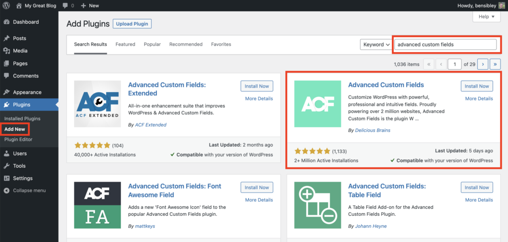 install advanced custom fields