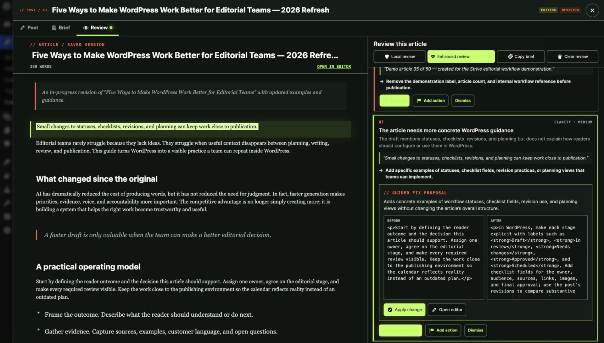 Strive guided fix showing the current article text beside the proposed replacement awaiting approval