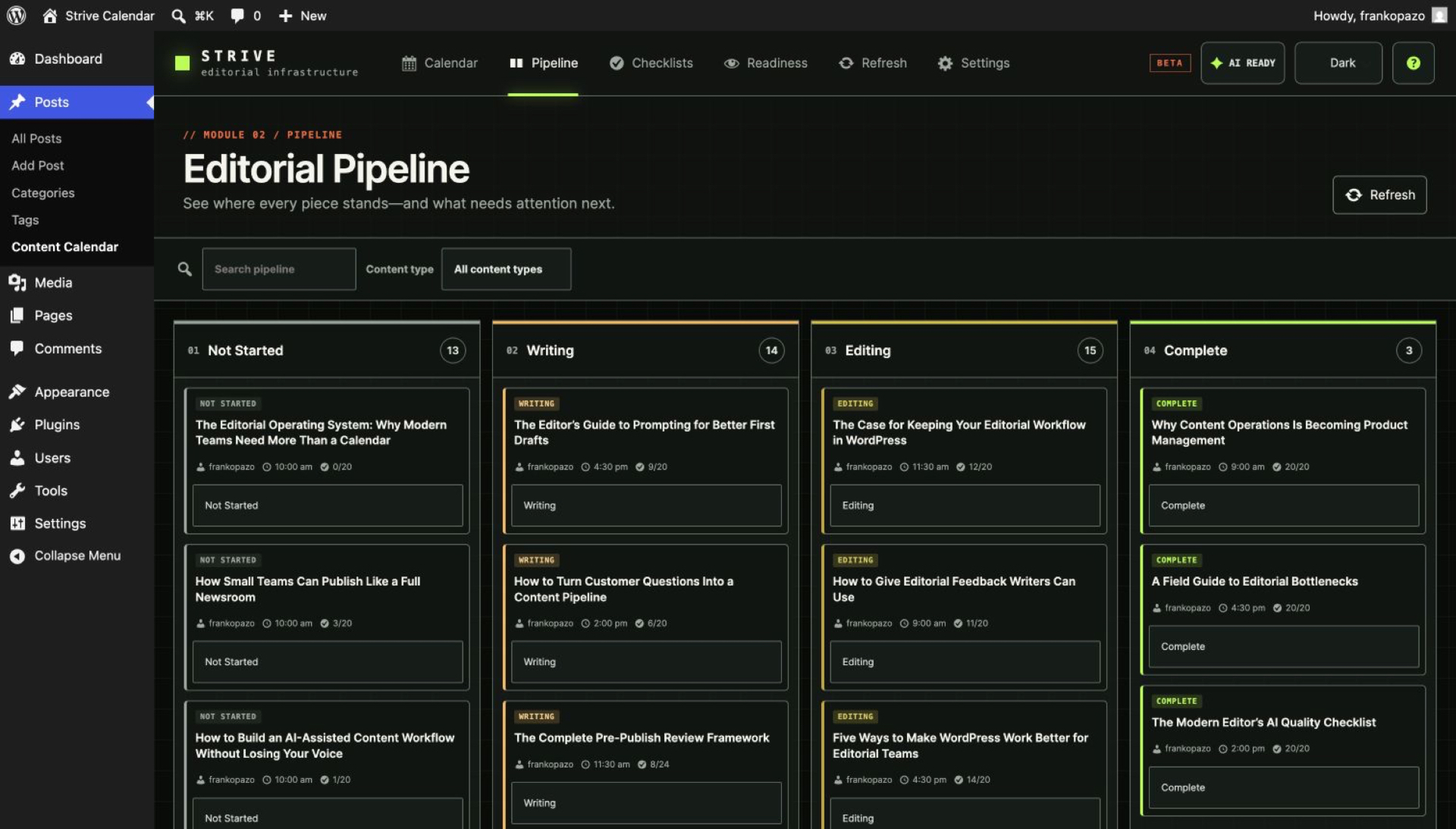 Strive Pipeline board grouping WordPress articles by Not Started, Writing, Editing and Complete
