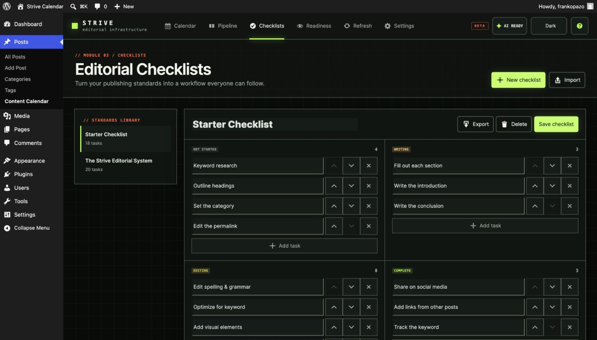 Strive checklist template editor beside an article's per-task completion progress