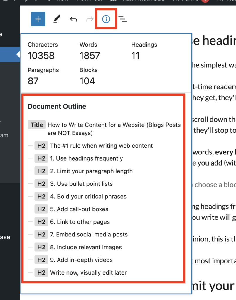 WordPress editor document outline, word count