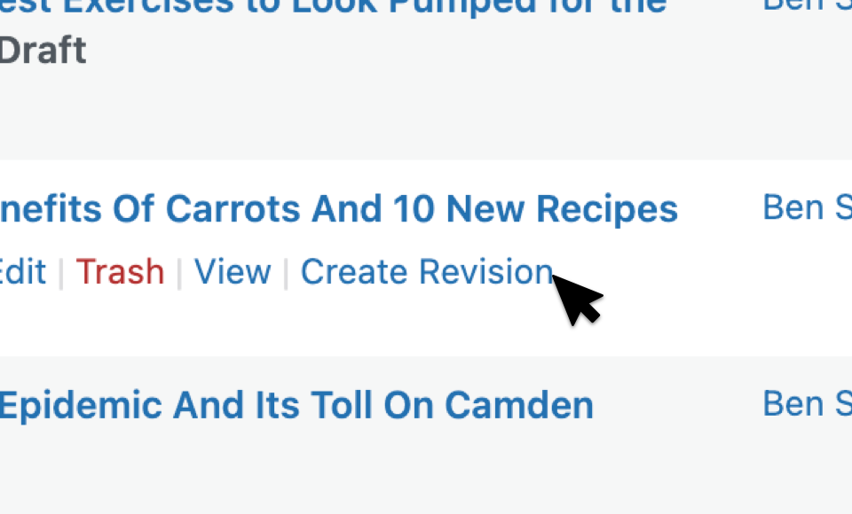 Create Revision link in the Posts menu, update old blog posts, improve search results