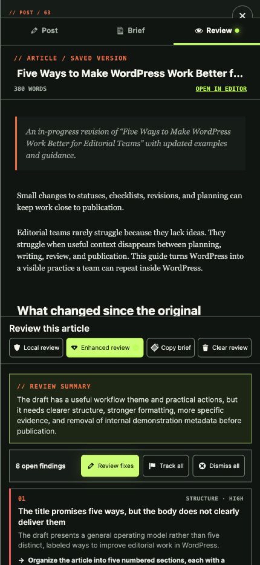Strive article workspace drawer showing the editorial stage selector beside the WordPress editor
