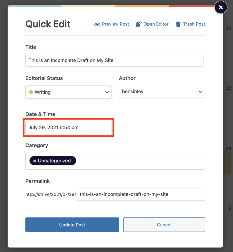 Date input in Quick Edit menu