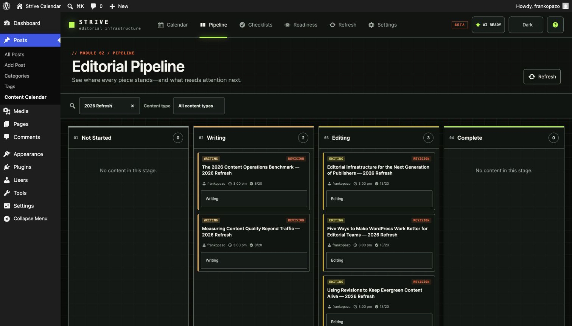 Strive Pipeline list showing status, author, planned date, checklist progress and last modified