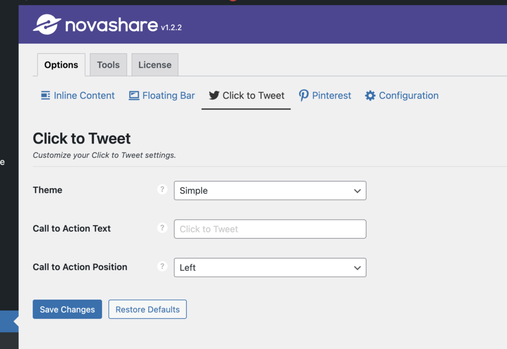 novashare click to tweet settings